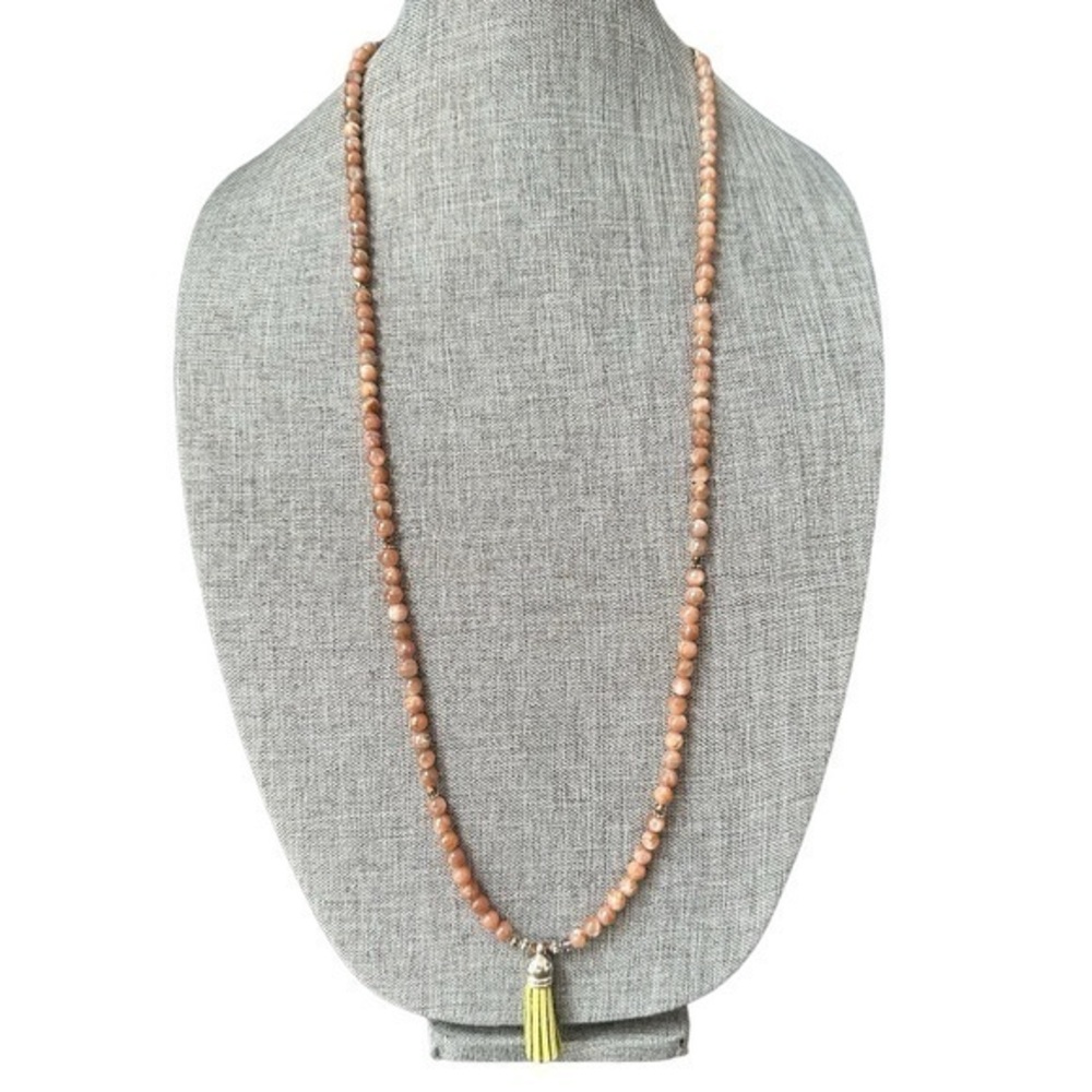 Natural Faceted Sunstone Quartz 34” Strand Leather Tassel Mala Necklace